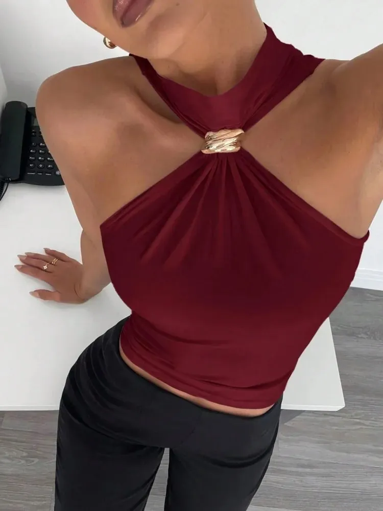 Metal Ring Decor Twist Knot Sleeveless Tank Top for Women Summer Casual Elegant Office Style Halter Neck Slim Fit Crop Top — image 14