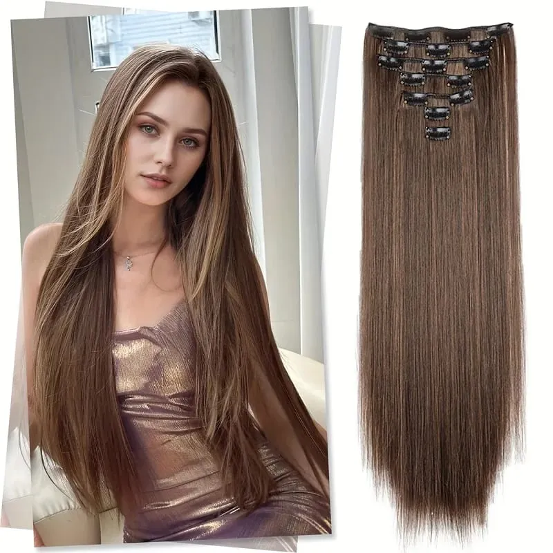 24Inch Synthetic 7pcs/set Long Straight Clip in Hair Extensions Invisible Fake Clips on Hairpieces for Women Party Daily Use — image 9