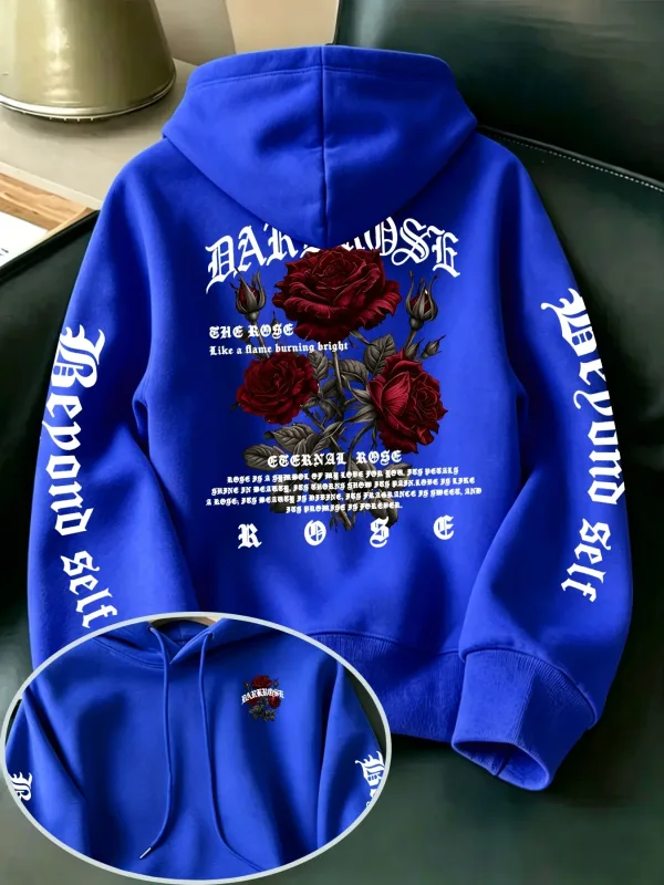 Men's Gothic Rose Hoodie Dark Red Rose Letter Graphic Back Sleeve Print Vintage Oversized Pullover Sweatshirt Streetwear Autumn — image 6
