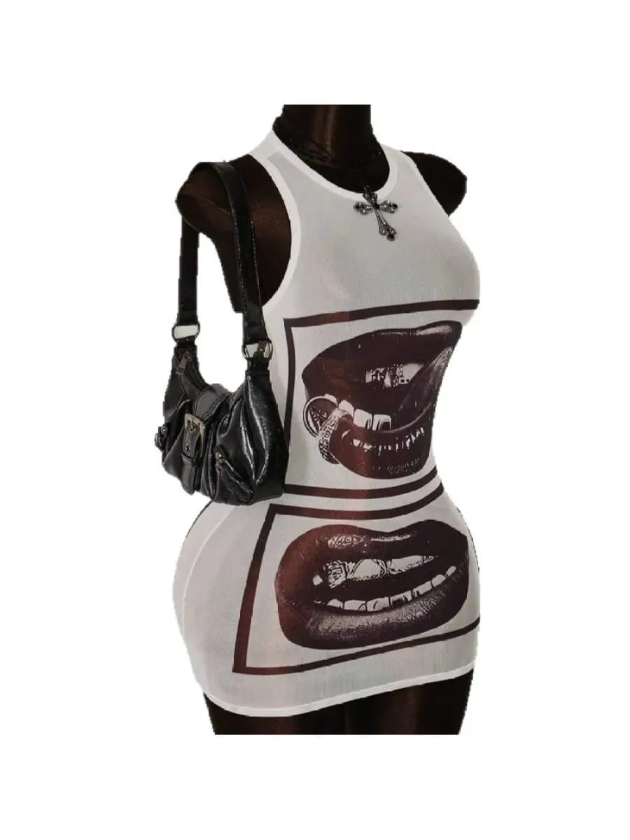 2026 New y2k Summer Lips Printed Sleeveless Bag Hip Round Neck Sleeveless Dress Punk Street Trend Fashion Personality Spicy Girl — image 4