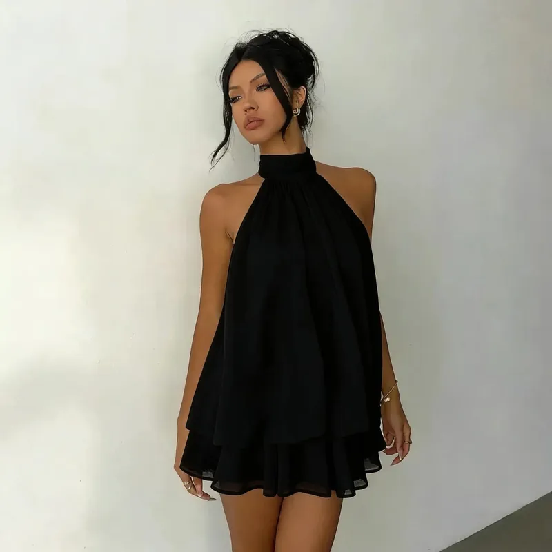 Sexy Women Chiffon Sleeveless Halter Backless Dress Lady Solid Color Tie Waist Slim Flared Dress Summer Beach Vacation Outfit — image 10
