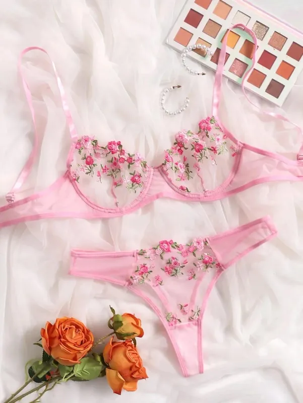 Sexy Lace Lingerie Bra And Panty Sets Women Underwear Flower Embroidery Bralette Set — image 7