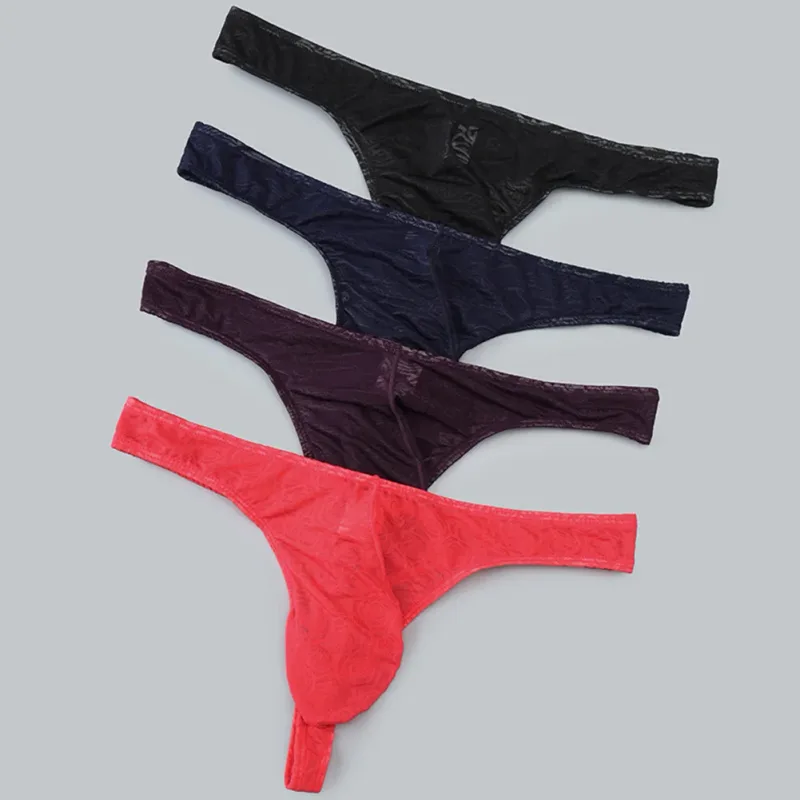 Men Lace Jacquard G-string Underwear High Stretchy Large Pouch Thong Panties Sexy Gays Erotic T-back Underpants