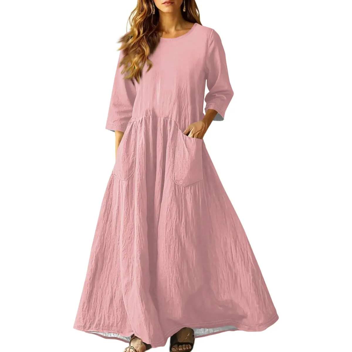 Women's Summer Loose Long Dresses Solid Color Three-quarter Sleeve Double Pocket Dress Loose Round Neck Linen Dress Vestidos