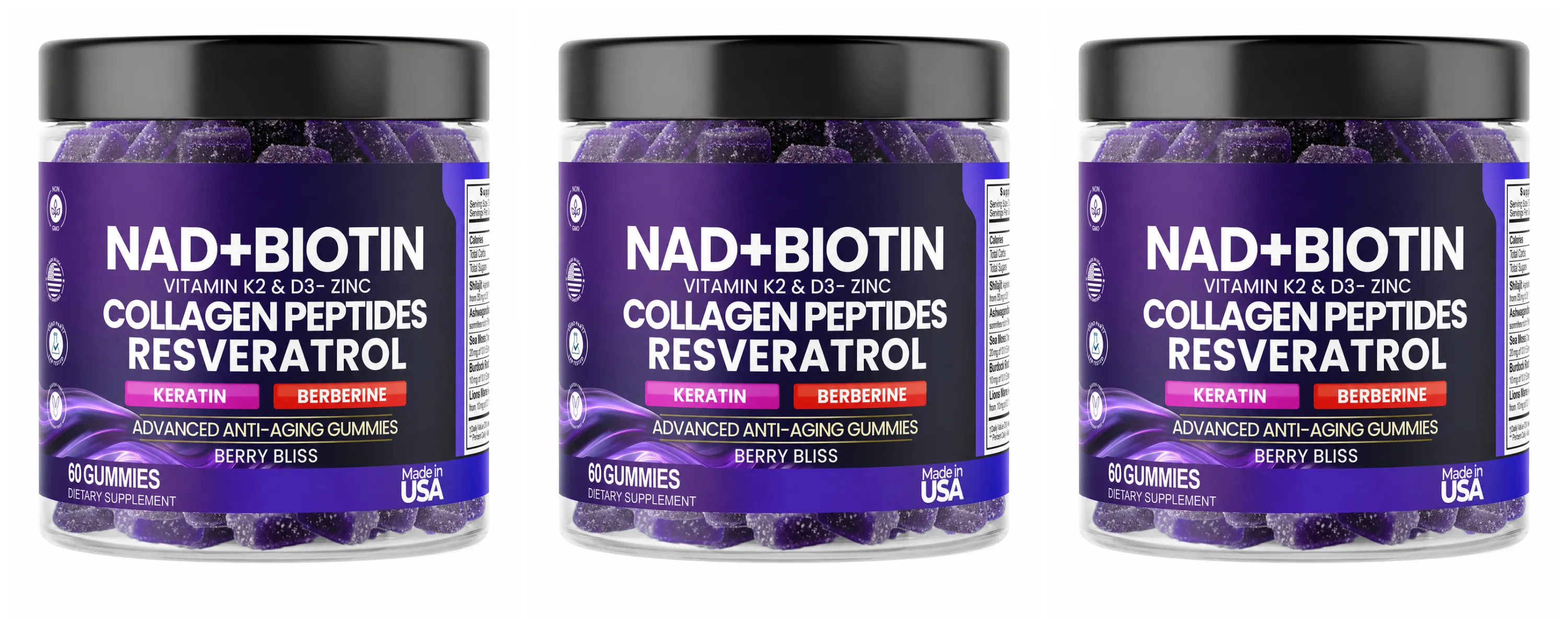 Biotin Collagen Gummies with NAD+ Resveratrol Vitamin D3 K2 Zinc Daily Beauty Wellness Supplement 60 Count Berry Flavor — image 8