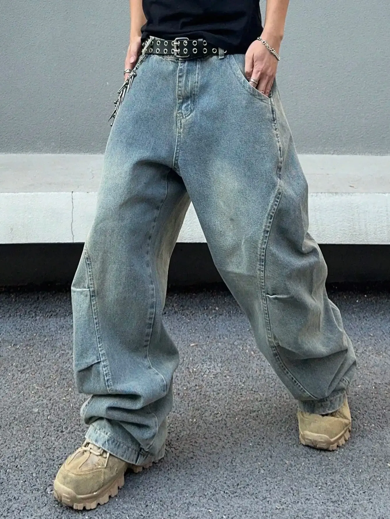 Vintage Men Washed Baggy Denim Jeans Stitched Panel Wide Leg Denim Pants Oversized Loose Hip Hop Streetwear Y2K Casual Trousers — image 7
