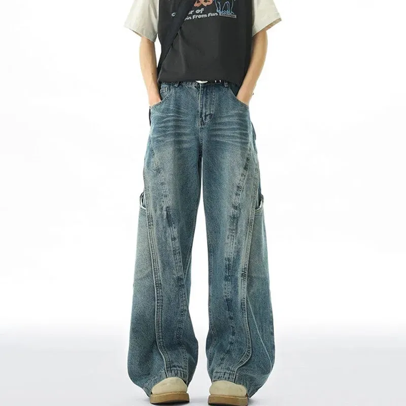 Korean Version Men'S Curved Knife Jeans With Loose Retro Design Straight Leg Pants Casual Large Pocket Wide Leg Pants — image 5