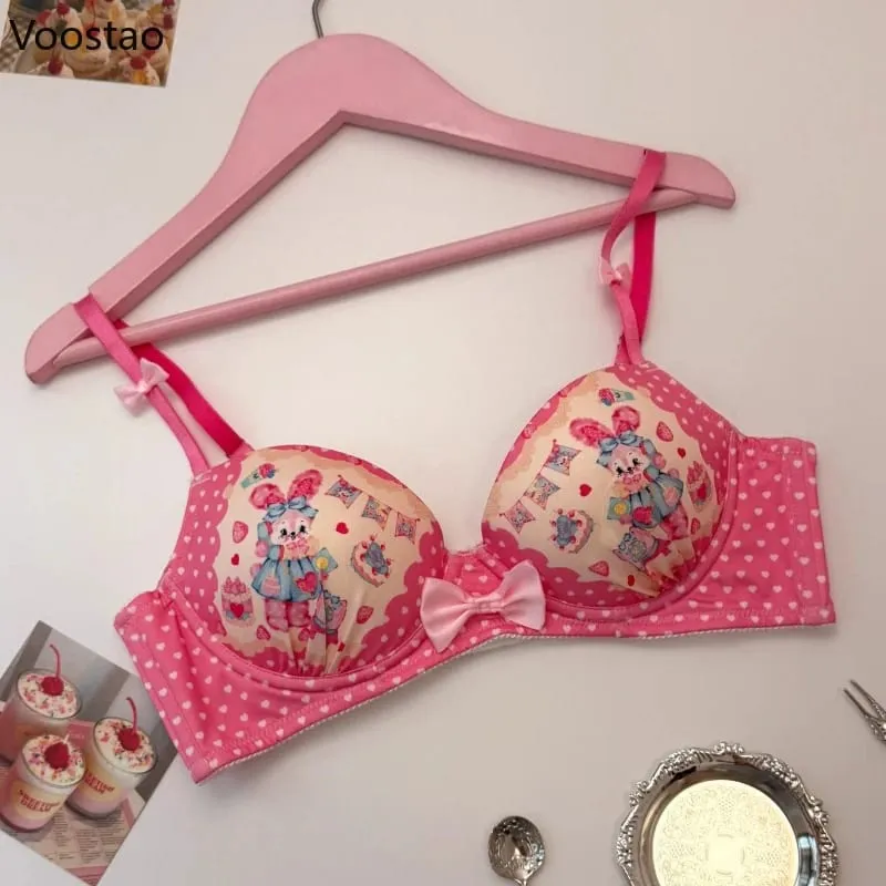 Japanese Sweet Lolita Style Women Cute Candy Rabbit Print Bra Panties Lingerie Set Girls Kawaii Underwear Panty Intimates Sets — image 3