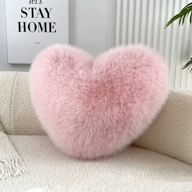 New Fur Heart Pillow Pink Color Love Heart Shaped Soft Pillow PP Cotton Fluffy Stuffed Pillow for Birthday — image 11