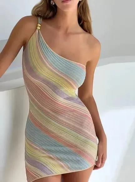 Women Rainbow Stripe Knit Maxi Dress One Shoulder Single Strap Side Split Bodycon Vestidos Summer Beach Vacation Party Robe 2026 — image 7