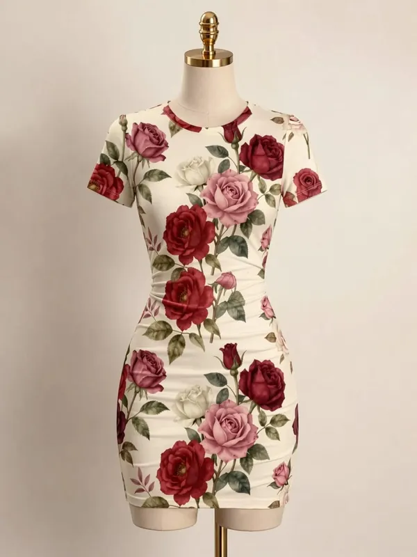 Pakaian Mini Bodycon Lengan Pendek Wanita Slim Fit Leher Krew Cetak Bunga Kasual Pesta Musim Panas Comel Elegan Licin Pakaian Sundress