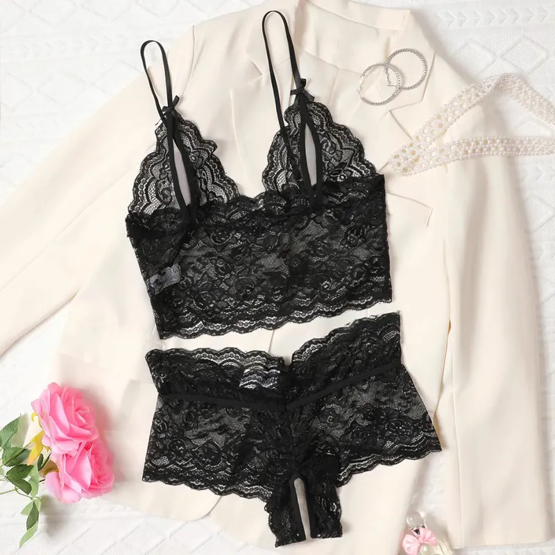 Open Bra 2 Pcs Women Lace See-Through Pajama Black Cute Clothes Comfortable Breathable Suspender Shorts Bra And Brief Set Hollow