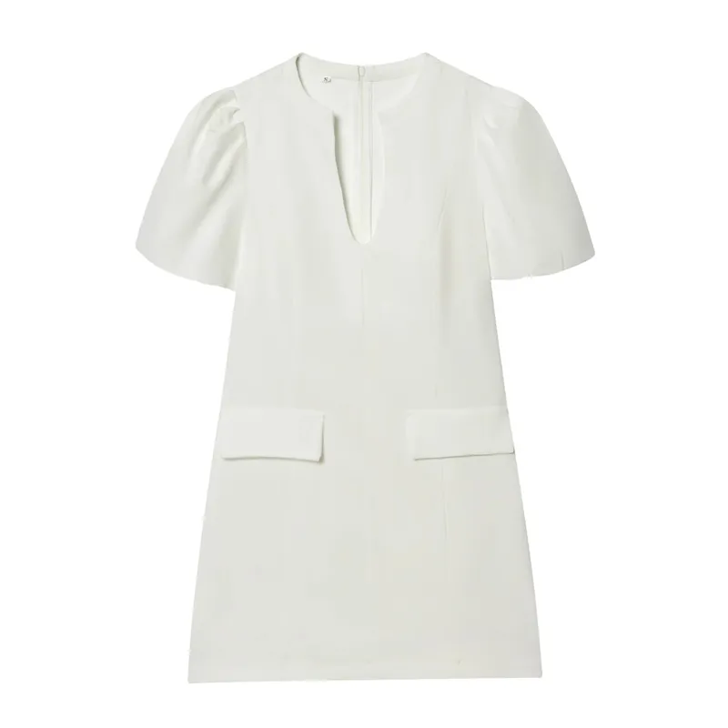 Elegant Holiday Chic Women Mini Dress Black O-Neck Zipper Short Puff Sleeve Dress Fashion 2026 Spring Summer Party Dress