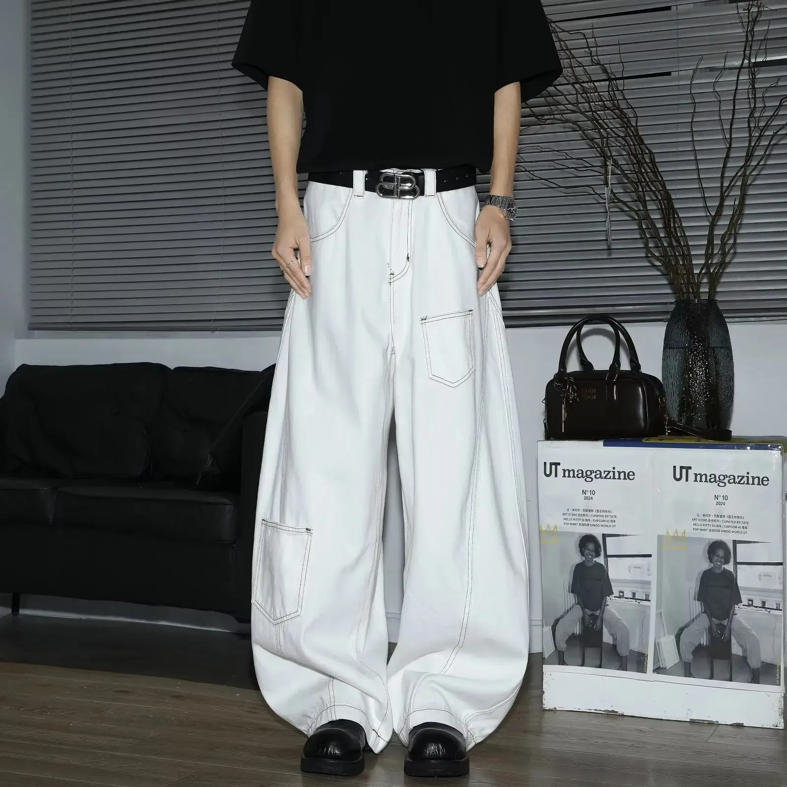 Y2K Men's Jeans White High-Waisted Wide-Leg Denim Pants Retro Baggy Style Fashion Loose Fit Casual Denim Trousers Streetwear — image 5