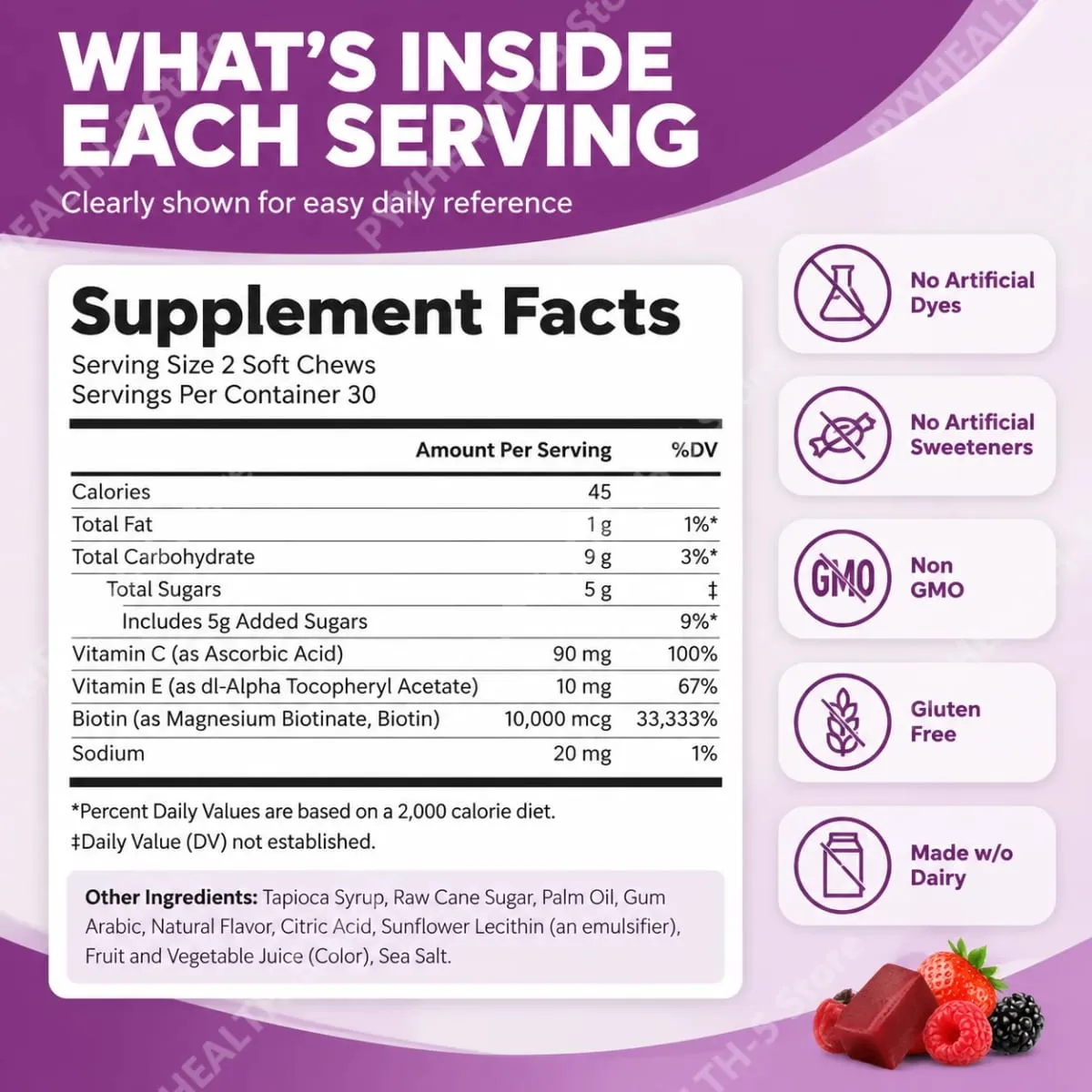 Biotin Hair Growth Soft Chews Supplement Support Fuller Thicker Hair Vitamin C & E for Healthy Hair Nourishment 60 Gummy — image 3