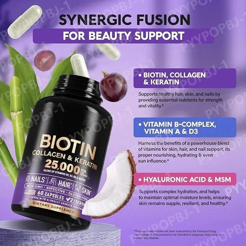Biotin Capsules Contain Collagen and Vitamin B2 B3 B6 & B7 for Women Men Hair Care Supplements Skin & Nails Support 60 Pieces — image 3
