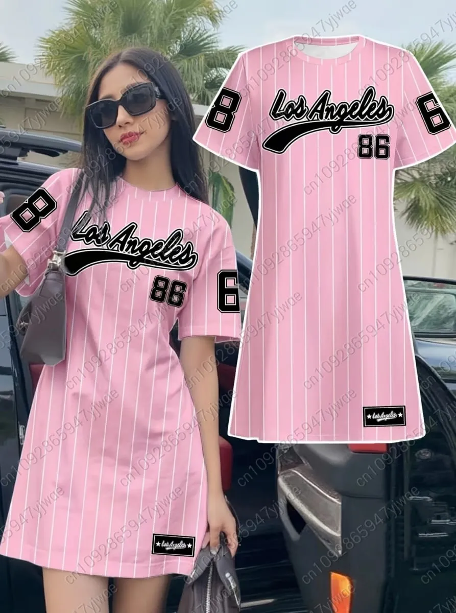 2026 Summer Women T-Shirt Dress Loose Casual NO.86 LOS ANGELES Printed O-Neck Lady Short Sleeve Pullover Dresses Women Clothing — image 2