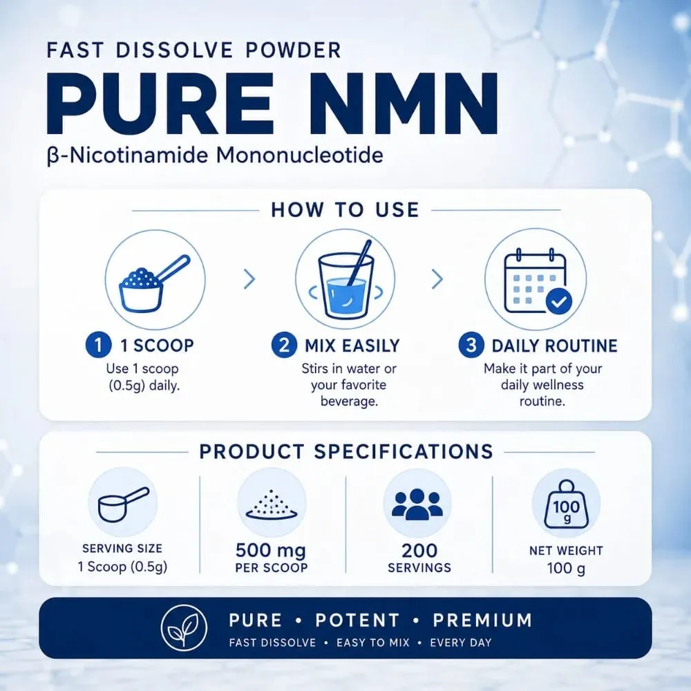 Pure NMN Powder 100G NAD + Booster Nicotinamide Mononucleotide 500Mg Fast Dissolve Anti Aging Cellular EnergyอาหารเสริมNon-GMO — image 6