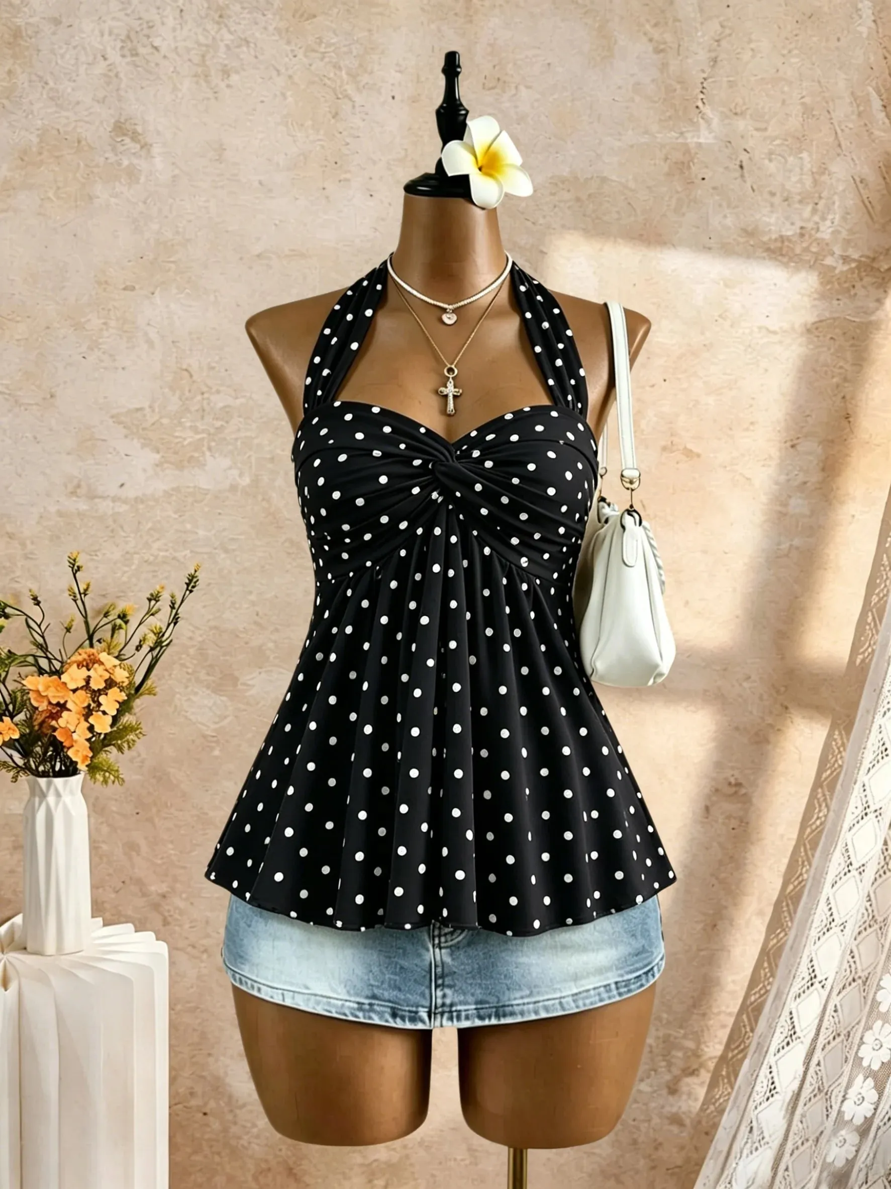 Women Halter Twist Front Sweetheart Neck Flared Peplum Camisole 2026 Summer Y2K Solid White Sleeveless Flowy Beach Vacation Tank — image 10