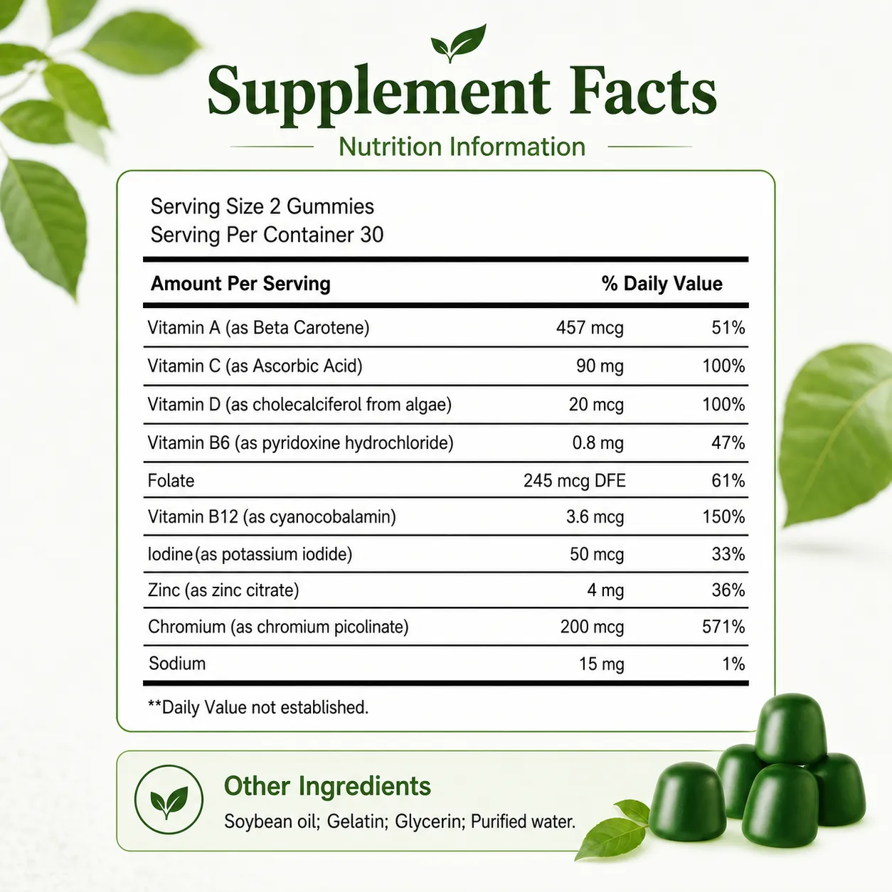 Super Green Superfood Gummies Multivitamin Vitamin A C D Chromium Antioxidant Immune Health Calcium Absorption 12 Servings — image 2
