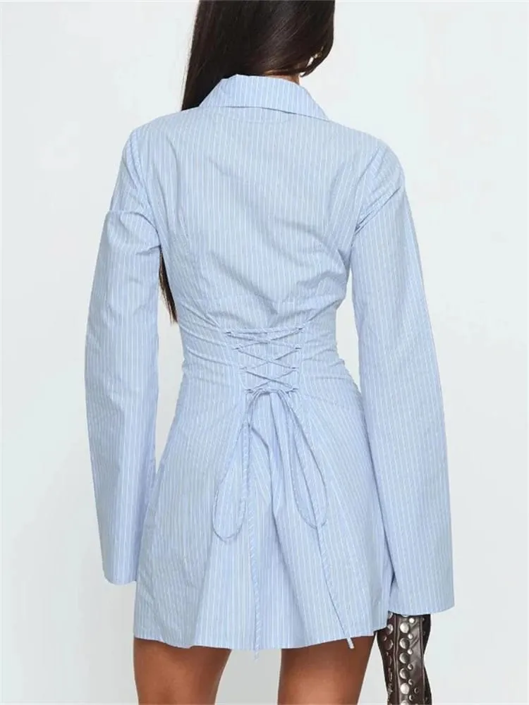 Summer Women's Y2K Shirt Dress Slimming Waist Short Skirt Mini Dress High Waistline Flirty Style Full Sleeve Regular Collar — image 5