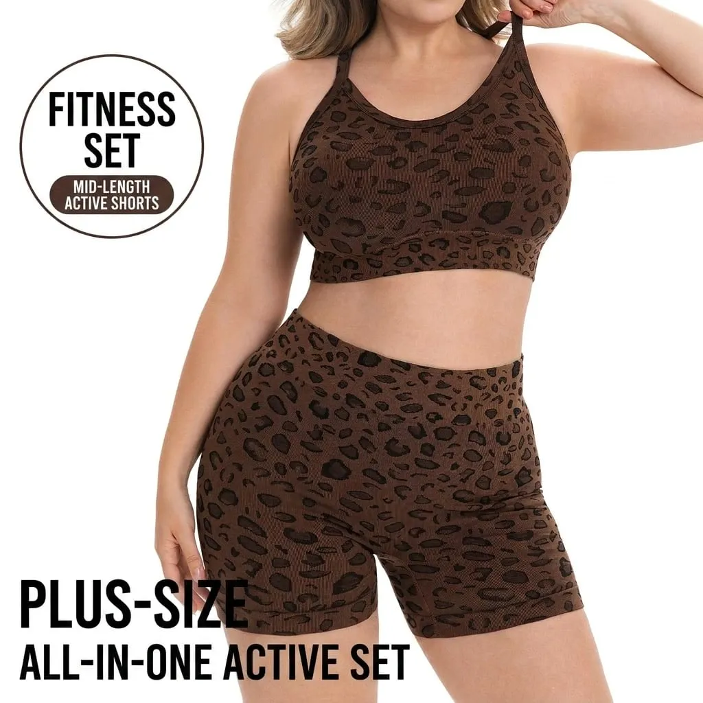 Women Plus Size Leopard Print Workout Set High Waist Tummy Control Shorts Padded Racerback Sports Bra 2PCS Gym Yoga Running Wear — image 4
