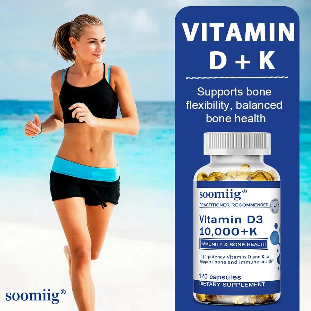 Vitamin D3 10000 IU + K2 Mk7 Capsules 120pcs for Bone Heart Health & Immune Support Non-GMO Vegan Enhanced Absorption