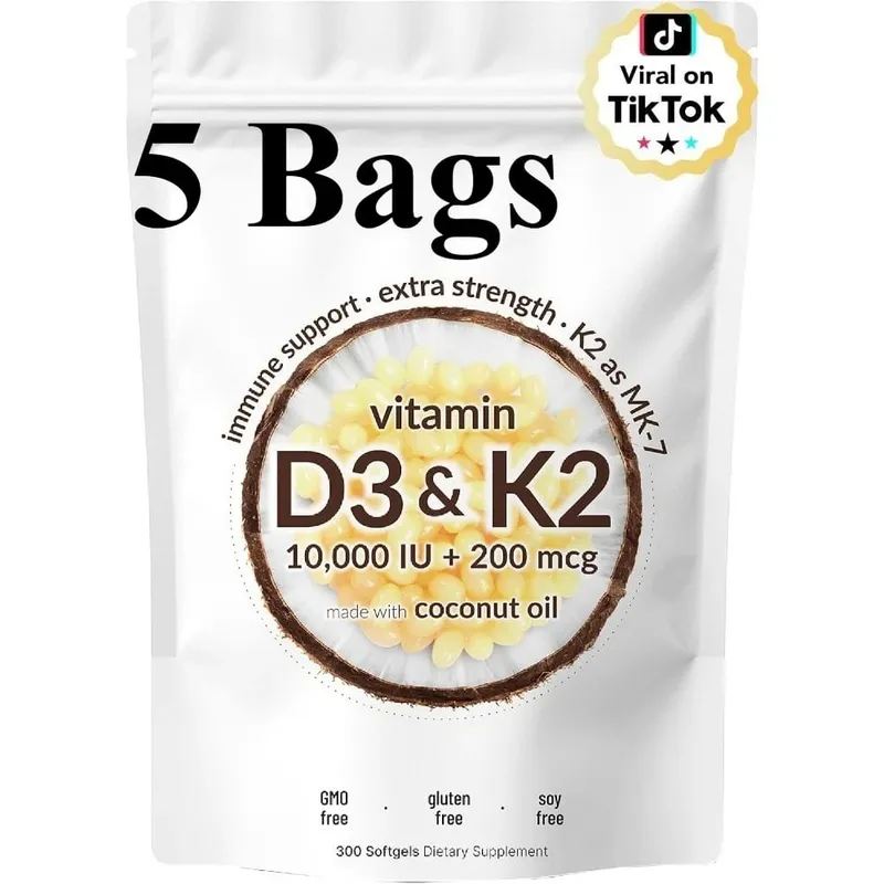 Vitamin D3 & K2 Softgels with 10 000 IU Vitamin D3 & 200 mcg K2 for Immune System & Bone Strength Support Adults 300 Softgels