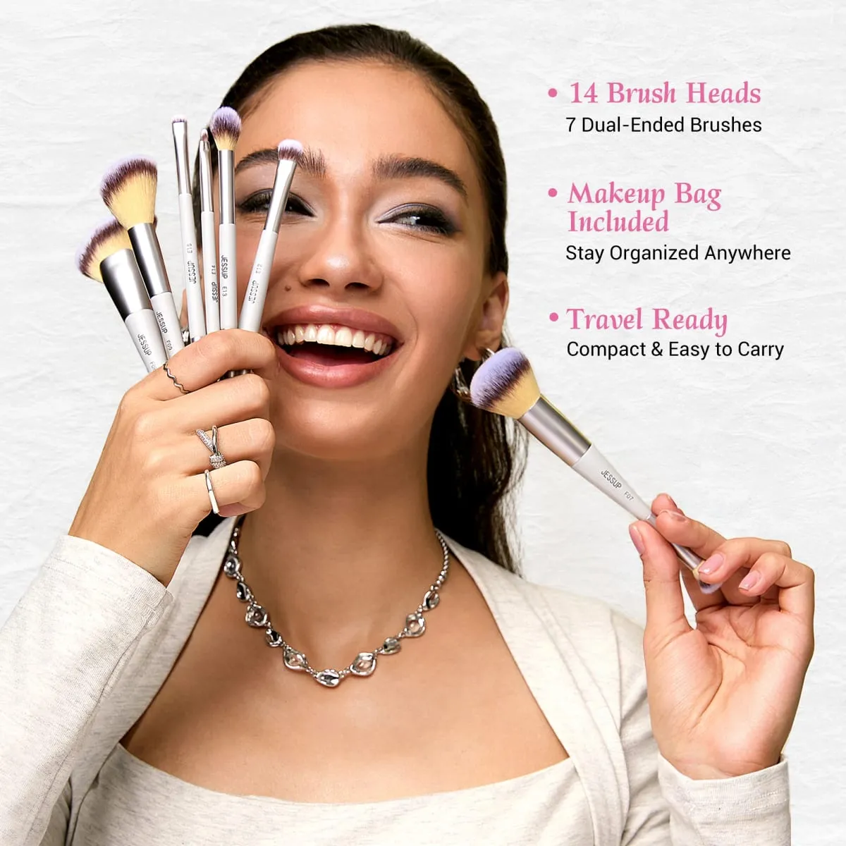 Jessup Makeup Brushes Set 3/7pcs Dual Ended Synthetic Foundation Blush Highlight Blending Eyebrow Brush na may Bag Tahimik na Grey T520 — image 6