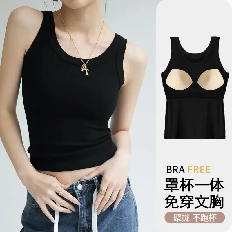 New Women Solid Round Neck Ribbed Tank Top Camisole Women Summer Basic Elastic TankTop One-piece Vest with Chest Pad Y2k — image 9