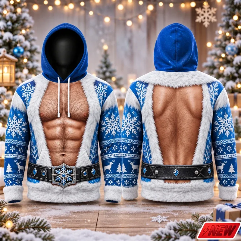 Fashion Christmas Party Streetwear Hoodie Men Holiday 3D Print Funny Fake Muscle Santa Suit Reindeer Graphic Festive Sweatshirt — image 4