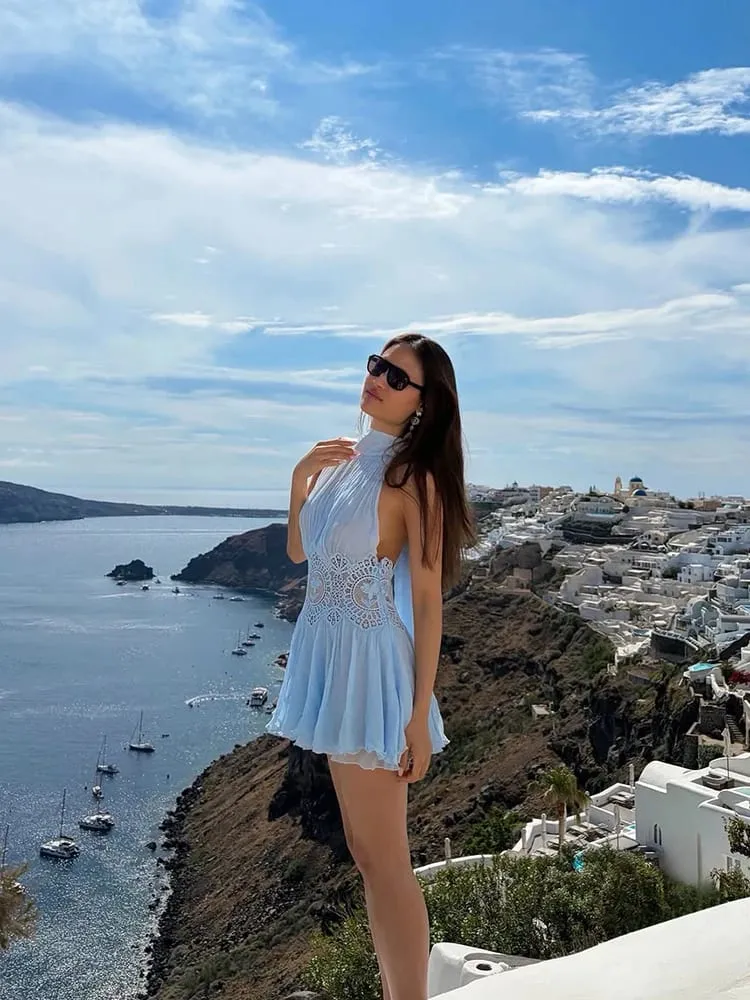 Sexy Hollow Out Solid Γυναικεία Μίν Φόρεμα Παραλία Πλισέ με κορδόνια Αμάνικα Γυναικεία Φορέματα 2026 Summer Lady Robe Νέα