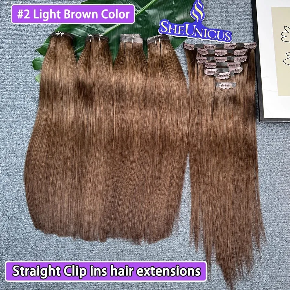 #2 Color Straight PU Clip Ins Hair Extensions 100% Human Hair 100g/Set 7pcs Seamless Invisible PU Weft Vietnam Hair For Women — image 2