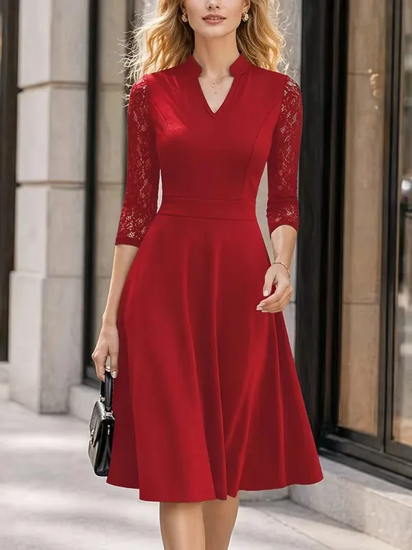 Women Sexy V-Neck Lace 2/3 Sleeve Summer Work Office Knee Length Base Show Thin Temperament Fit And Flare Swing A-Line Dress — image 5