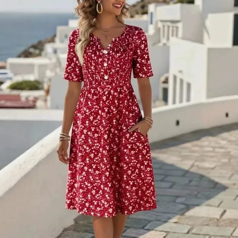2026 New Summer Floral Print V Neck Midi Dress Short Sleeve Dresses For Women Retro Casual Button Pocekts Ladies Dress Vestidos — image 2