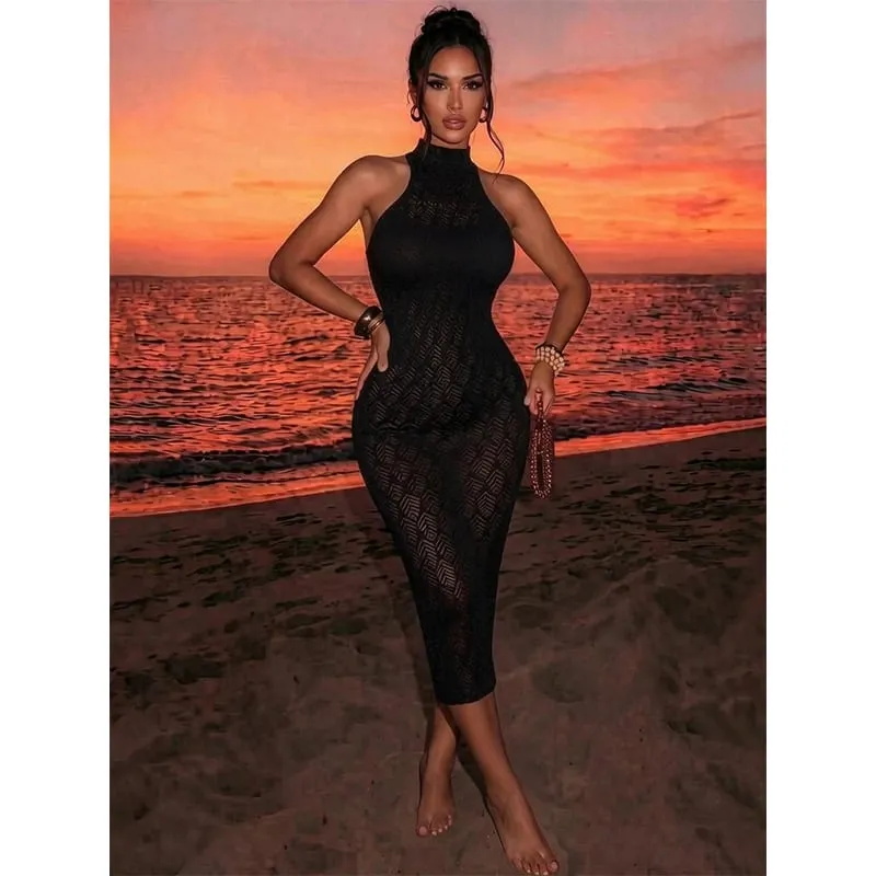 Women Bodycon Dress Without Underwear Hollow Out Beachwear Sheer Mesh Fishnet See Through Music festival Swimsuit — image 3