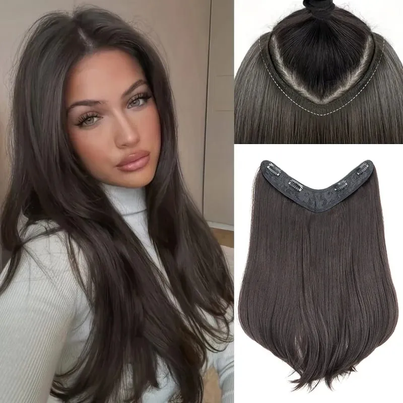 18Inch Synthetic Elegant V-Shape Internal Buckle Clip-In Hair Extensions Invisible Soft Hairpiece for Women Daily Use
