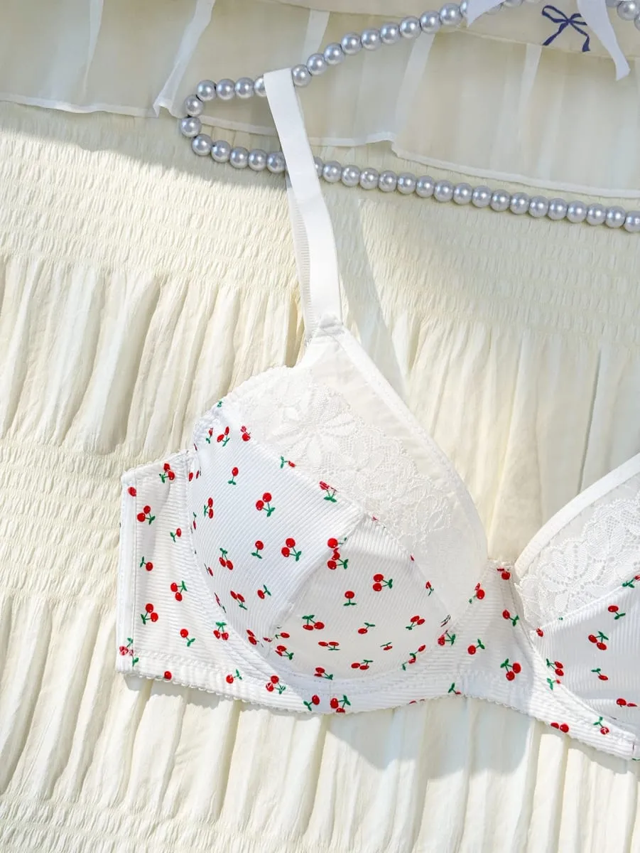 Plus Size Women Cherry Pattern Lace Underwire Bra And Panty Set Adjustable Straps Soft Unpadded Breathable Lingerie Set — image 3