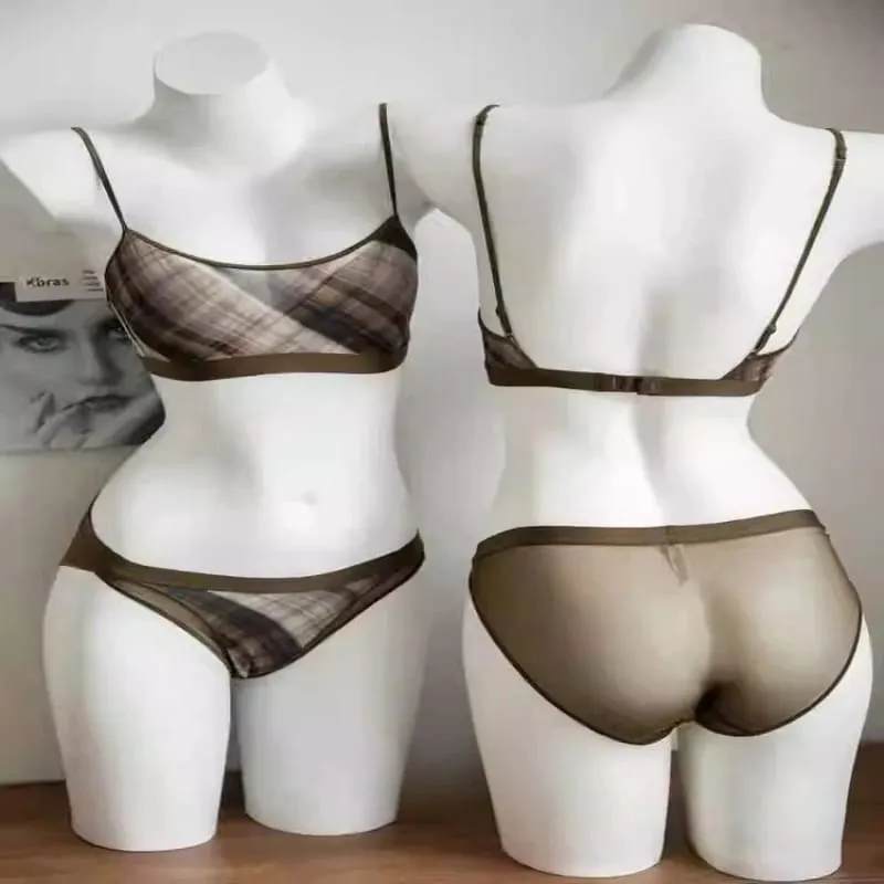 Women American Retro Plaid Intimates Set Thin Push Up Bra Anti Sagging Armpit Fat Support Comfort Everyday Wear — image 3