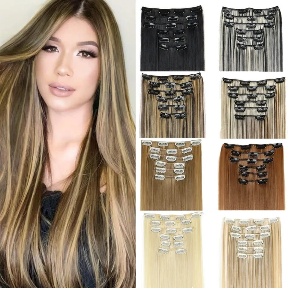 6Pcs/Set Clip In Hair Extension Synthetic Highlights Blonde Long Straight Hairpiece Full Head Thick Hairpieces for Women Girls — image 2