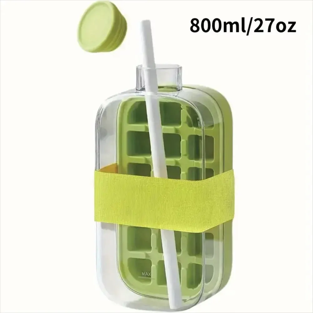 Ice Cube Bottle with Straw 2 In 1 Touch-Free Push-Type Ice Cube Making Bottle Easy Release Water Bottle Ice Mold