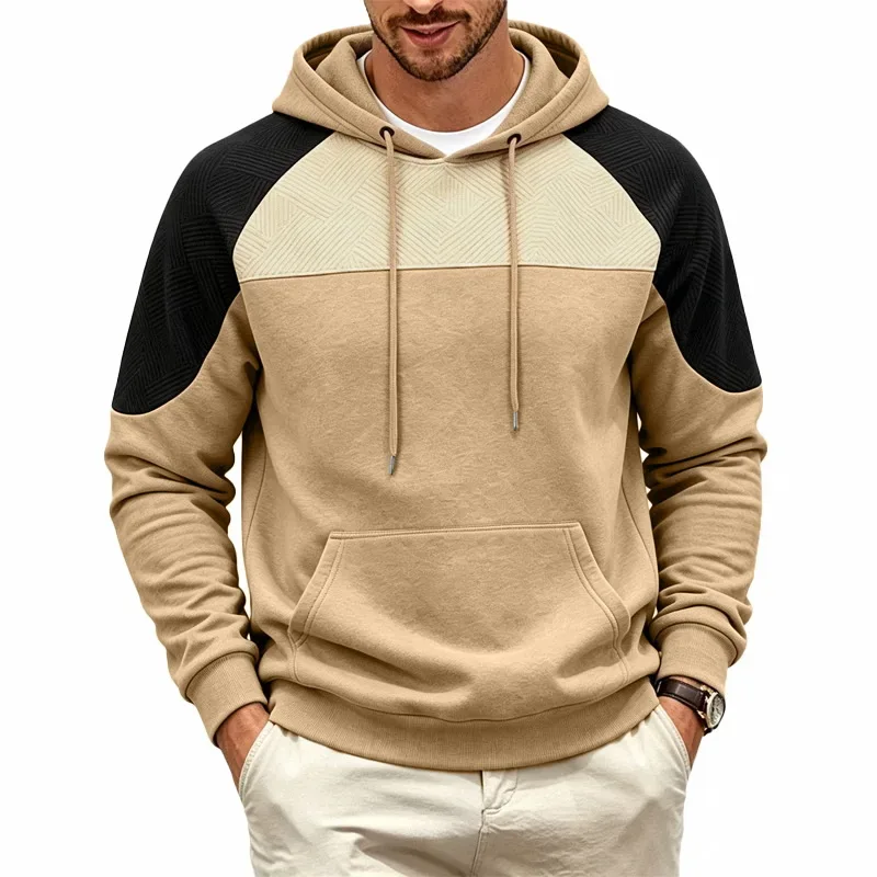Autumn Winter Men Color Block Raglan Hoodie Textured Chest Panel Drawstring Kangaroo Pocket Loose Casual Streetwear Sweatshirt — image 35