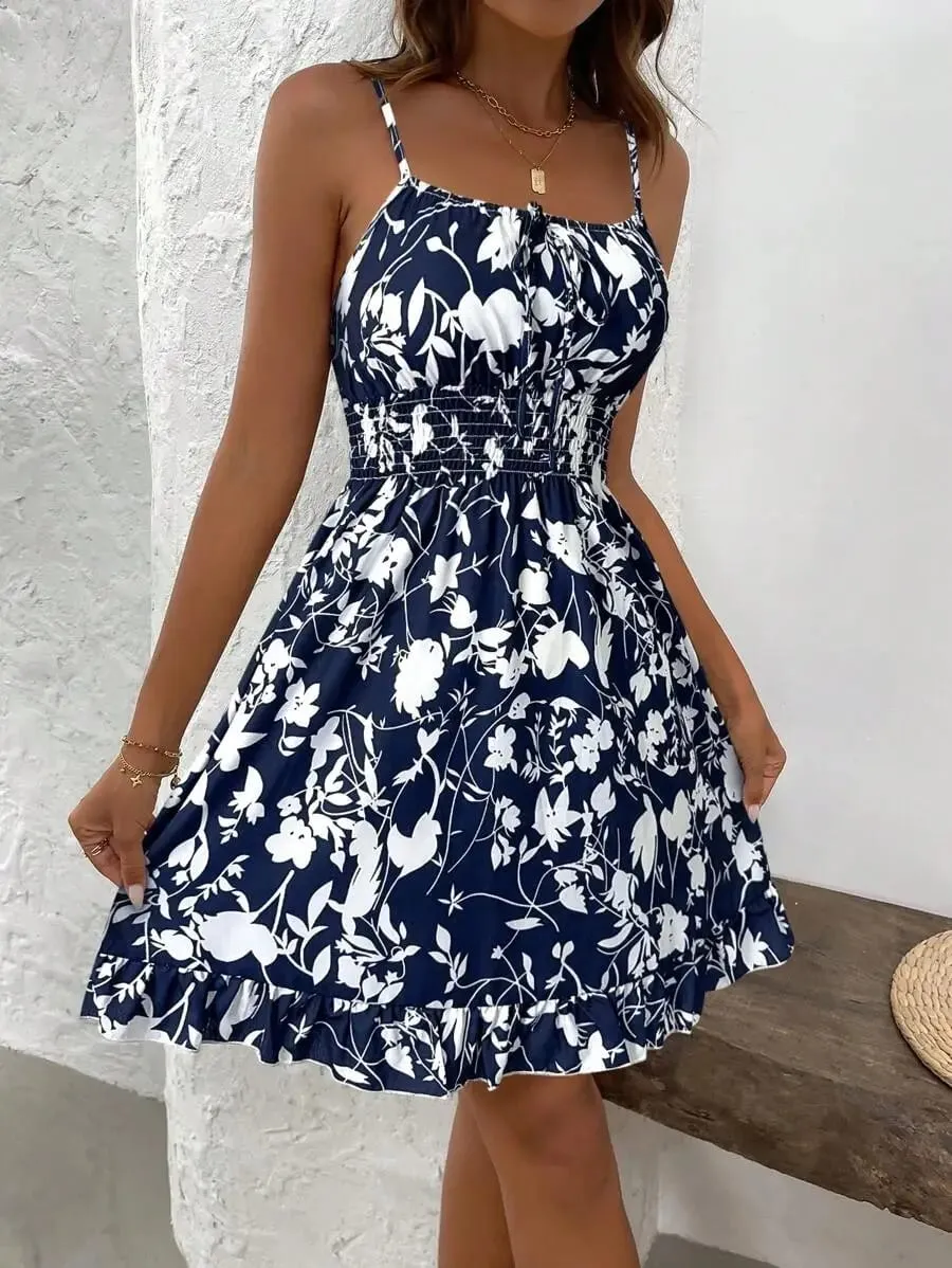 Vintage Floral Print Tie-Up Slip Dress Flattering Versatile Beach Resort Style Mini Dress Dressed in Party — image 5