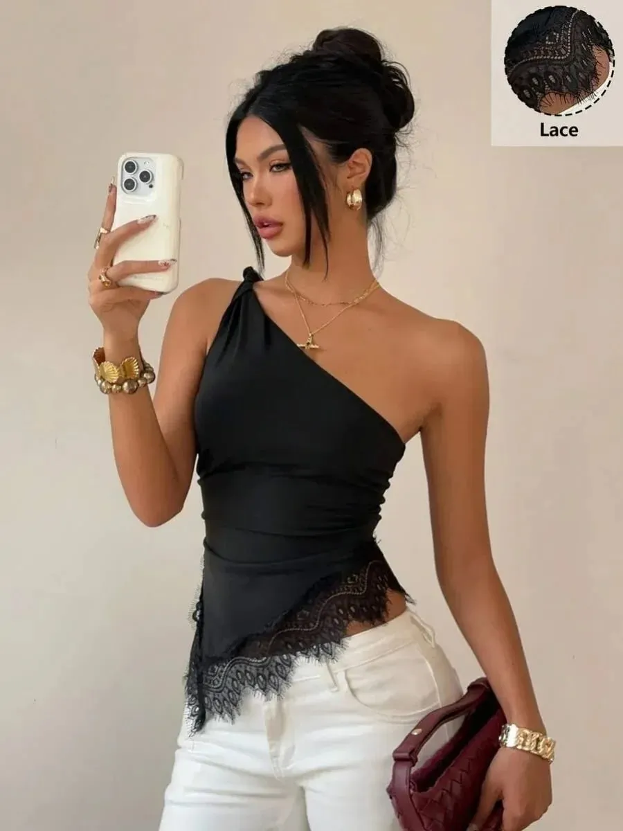 Women Black Lace Patchwork Twist Knot One Shoulder Top Summer Casual Y2K Street Style Backless Ruched Slim fit Crop Top — image 7