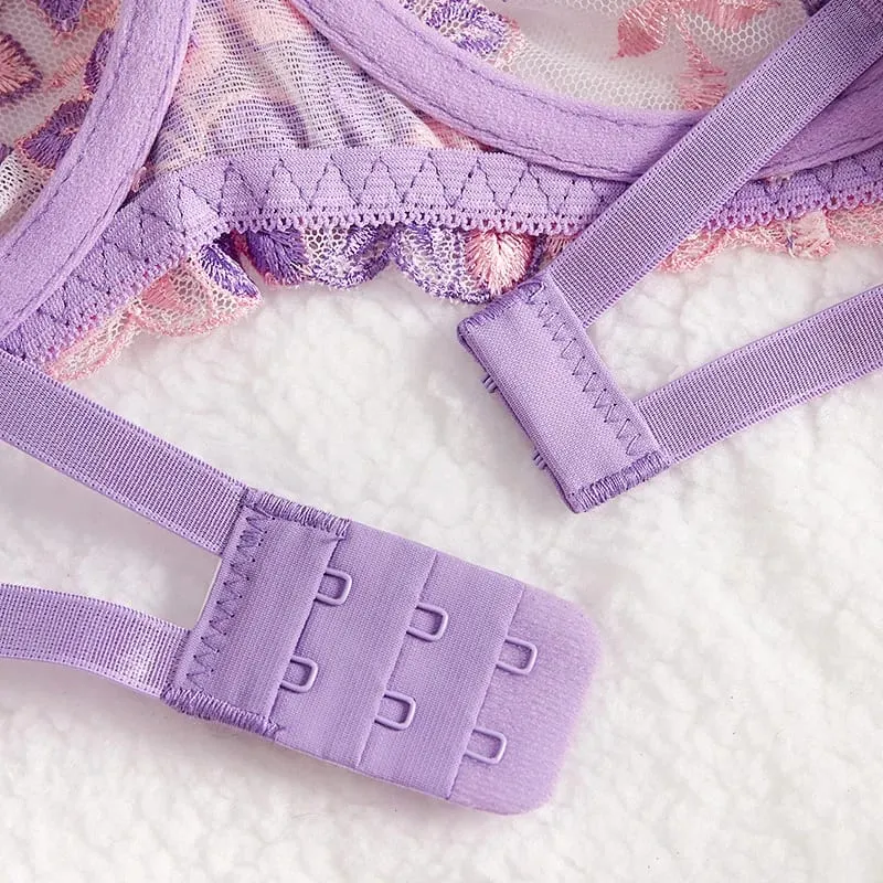 Purple Sexy Lingerie for Women Sets Lace Embroidery 2 Piece Underwear Set Sheer Mesh Bra and Panty Set with Underwire — image 4
