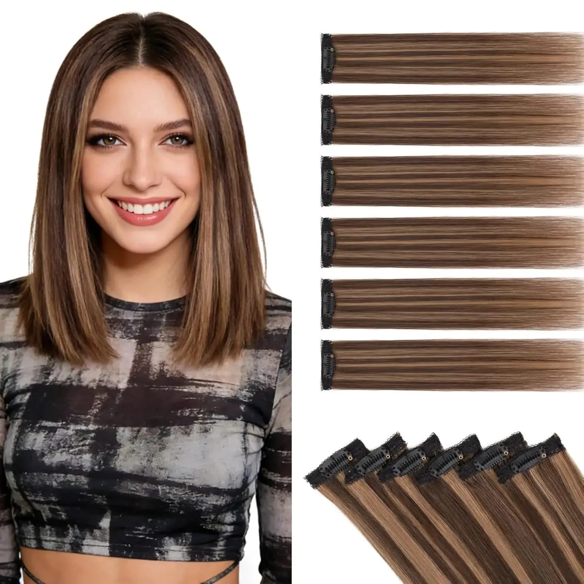 6PCS 6 Clips In Synthetic Hair Extensions Black Color Dark Blonde Short Straight Highlights Hairpin Hairpiece For Women — image 5