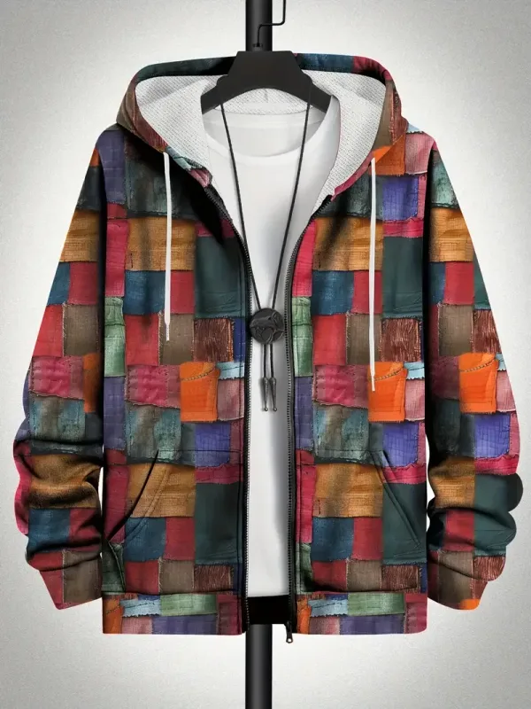 Retro Plaid Print Patchwork Zip Up Hoodie Men's Clothing Hot Style Long Sleeve Pullover Trend Streetwear Men Zip Up Hoodies — image 6