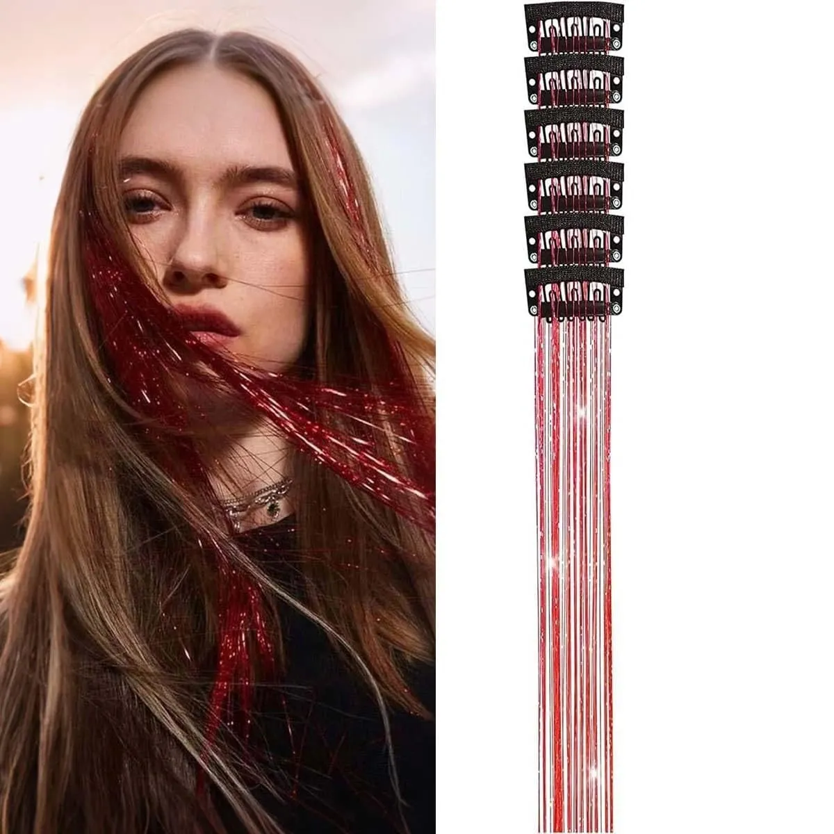 Hair Tinsel Pack of 6 Pcs Hair Tinsel Clip in Glitter Tinsel Hair Extensions Synthetic Hair Tinsel Kit Party Festival Fairy Hair — image 10