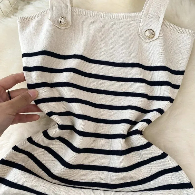 Women Striped Knit Sling Dress Blue White Wide Strap Metal Button Slim Fit Bodycon Mini Casual Summer Vacation Lady All Season — image 4