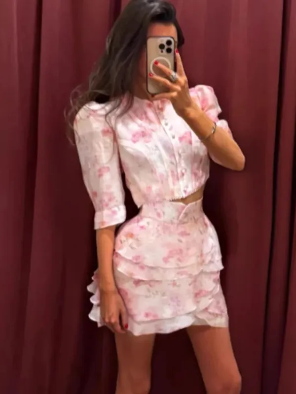 Chic flæseprint Slank kort kjole Kvinder Chic Patchwork Udvidede ærmer V-hals plisserede kjoler 2026 Lady Summer Casual Vestidos